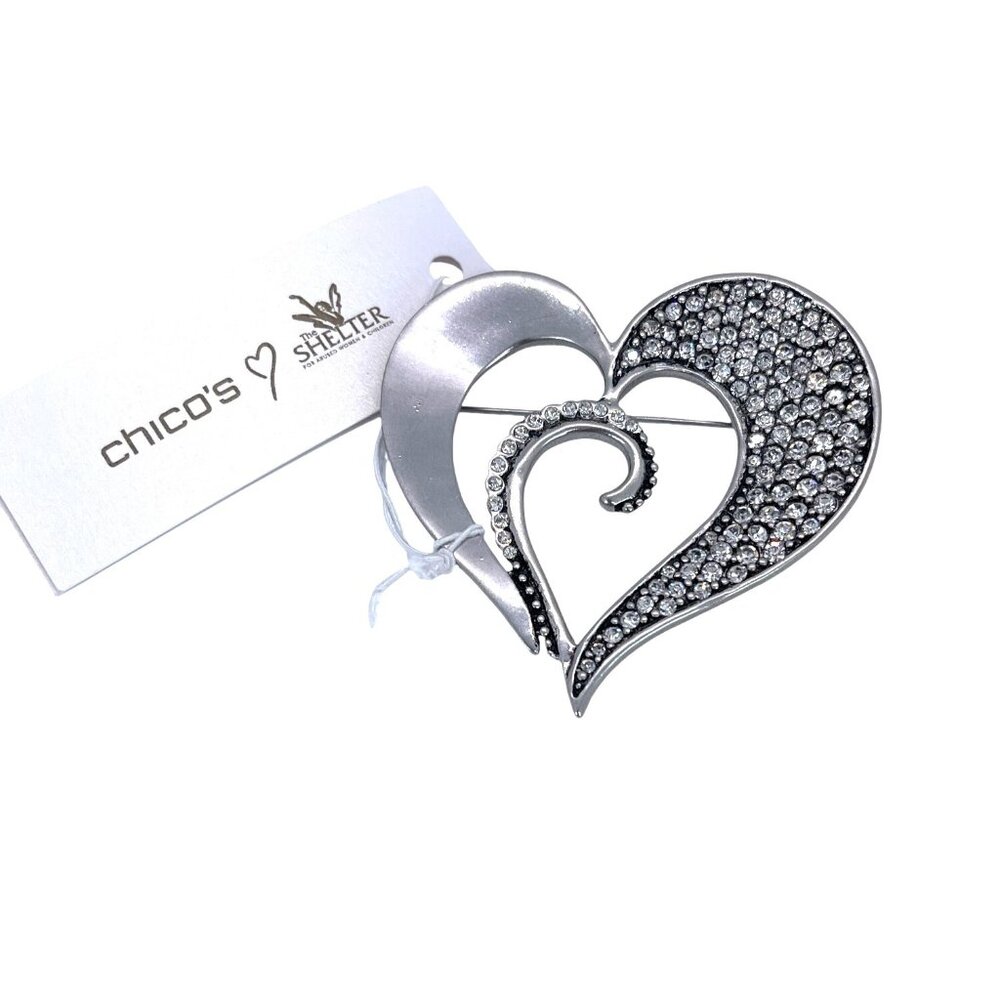 Rhinestone Heart Of Change Brooch Pin Chicos Silver-Tone Fashion Statement NWT - Picture 9 of 10